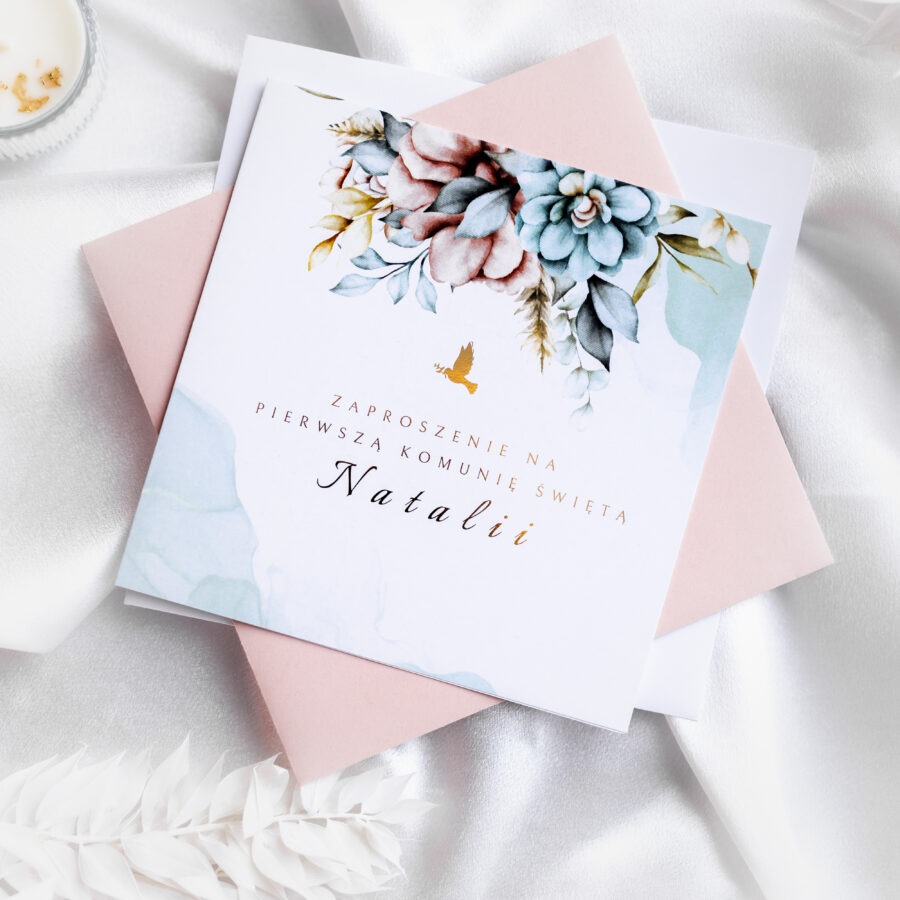 SKŁADANE, ZŁOCONE ZAPROSZENIE Z DUŻYMI KWIATAMI