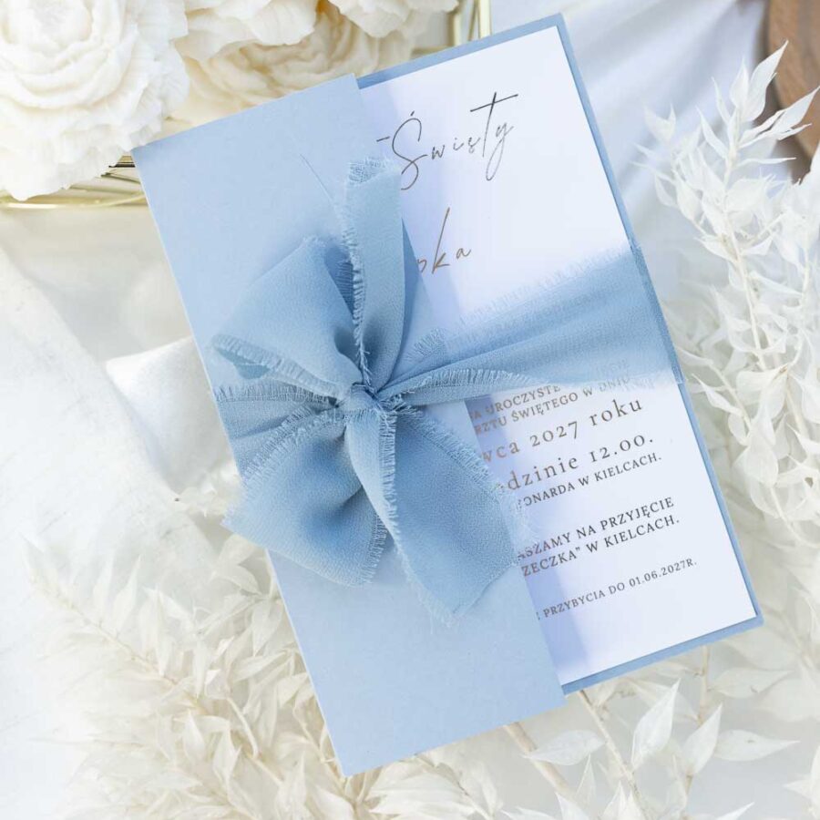 ZŁOCONE ZAPROSZENIE NA CHRZEST ŚWIĘTY Z WSTĄŻKĄ
