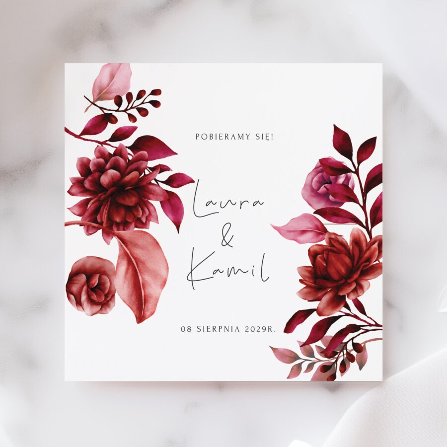 ZAPROSZENIE ŚLUBNE Z BORDOWYMI KWIATAMI - PZ12