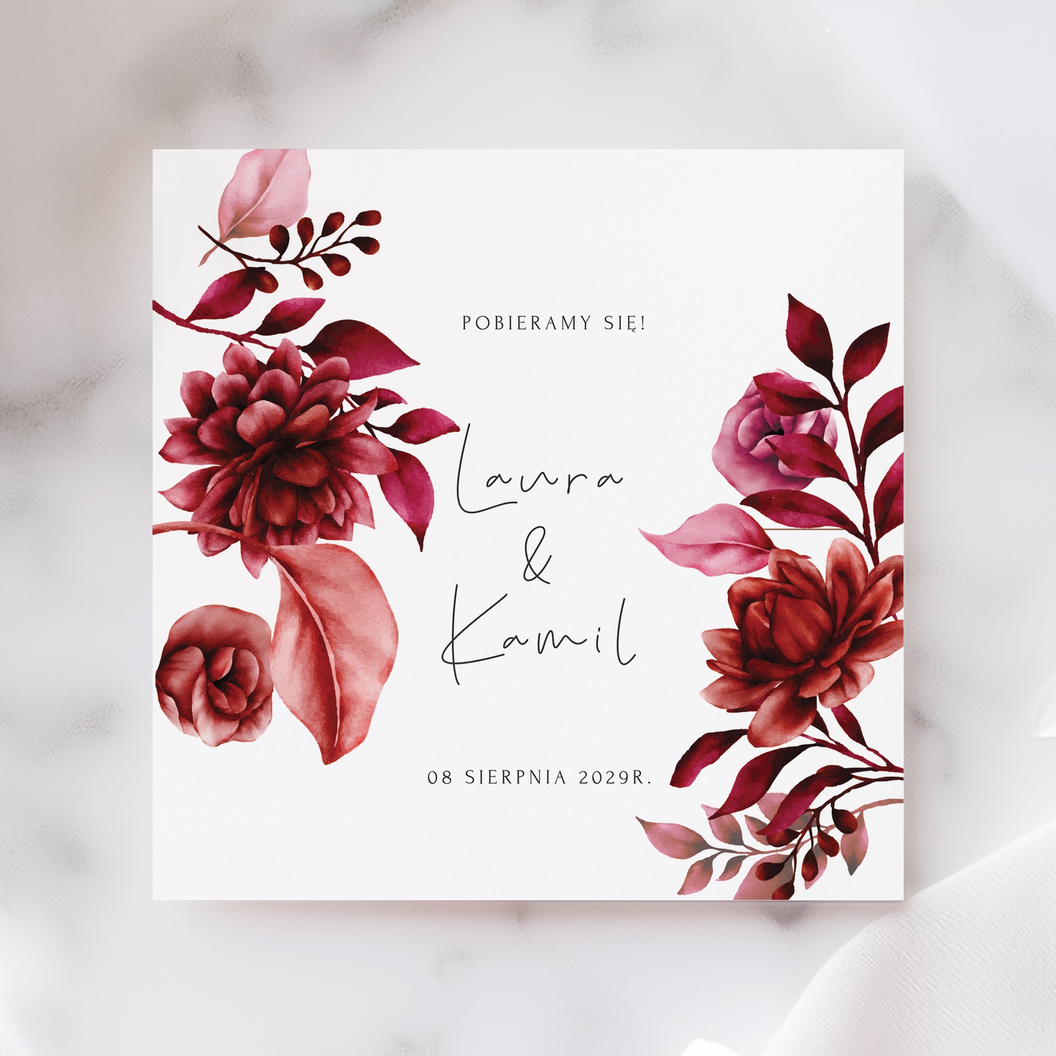 ZAPROSZENIE ŚLUBNE Z BORDOWYMI KWIATAMI - PZ12