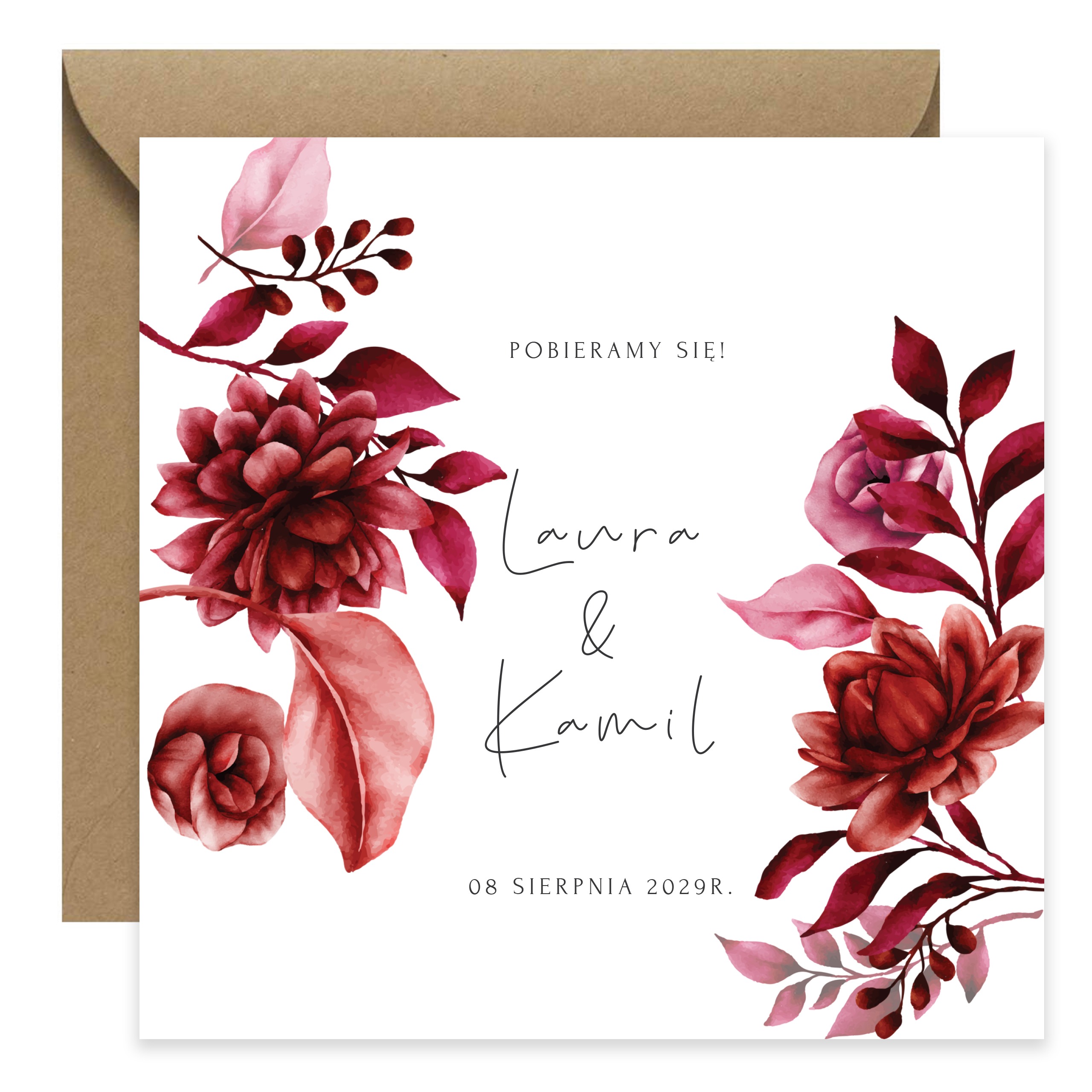ZAPROSZENIE ŚLUBNE Z BORDOWYMI KWIATAMI - PZ12 - obrazek 4