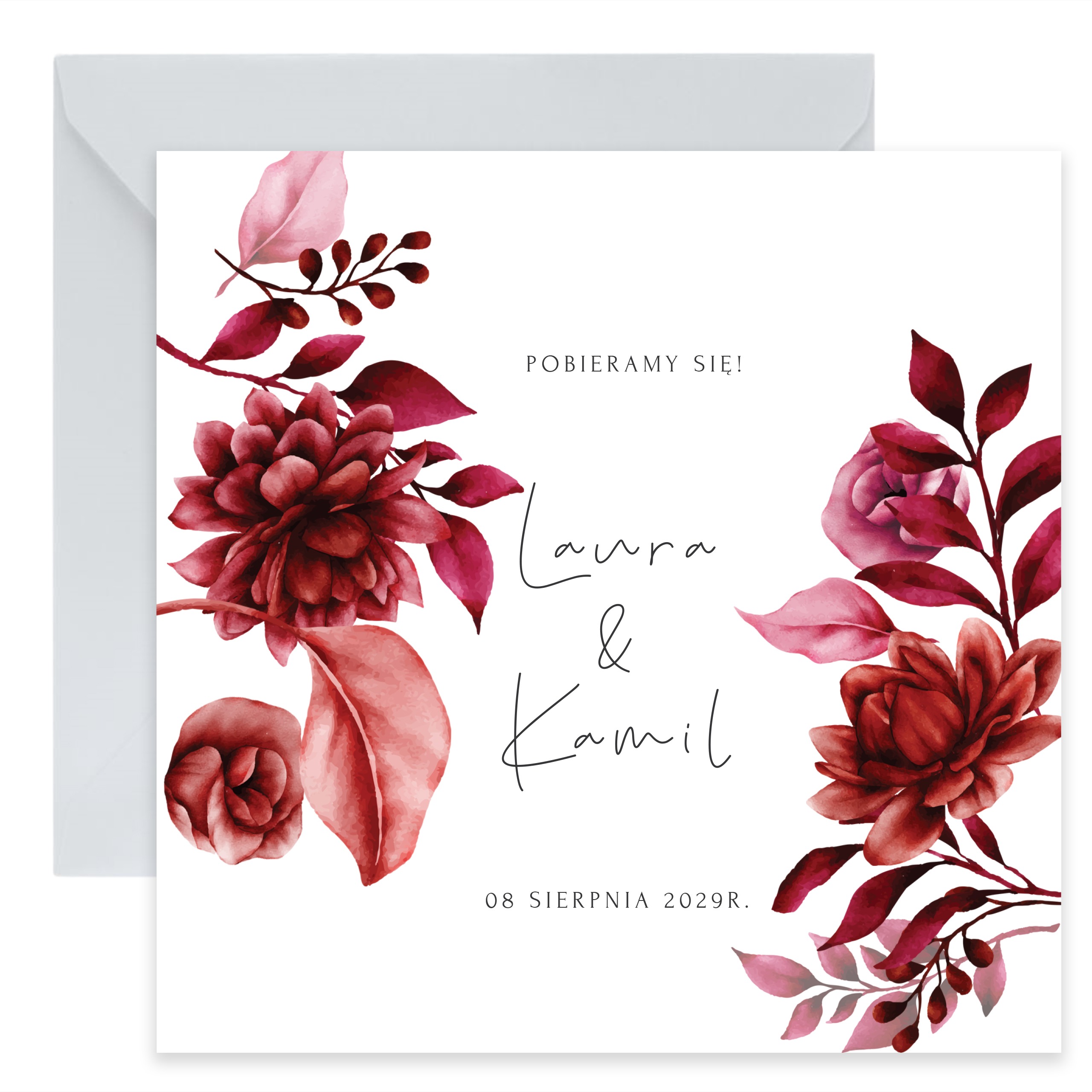 ZAPROSZENIE ŚLUBNE Z BORDOWYMI KWIATAMI - PZ12 - obrazek 5