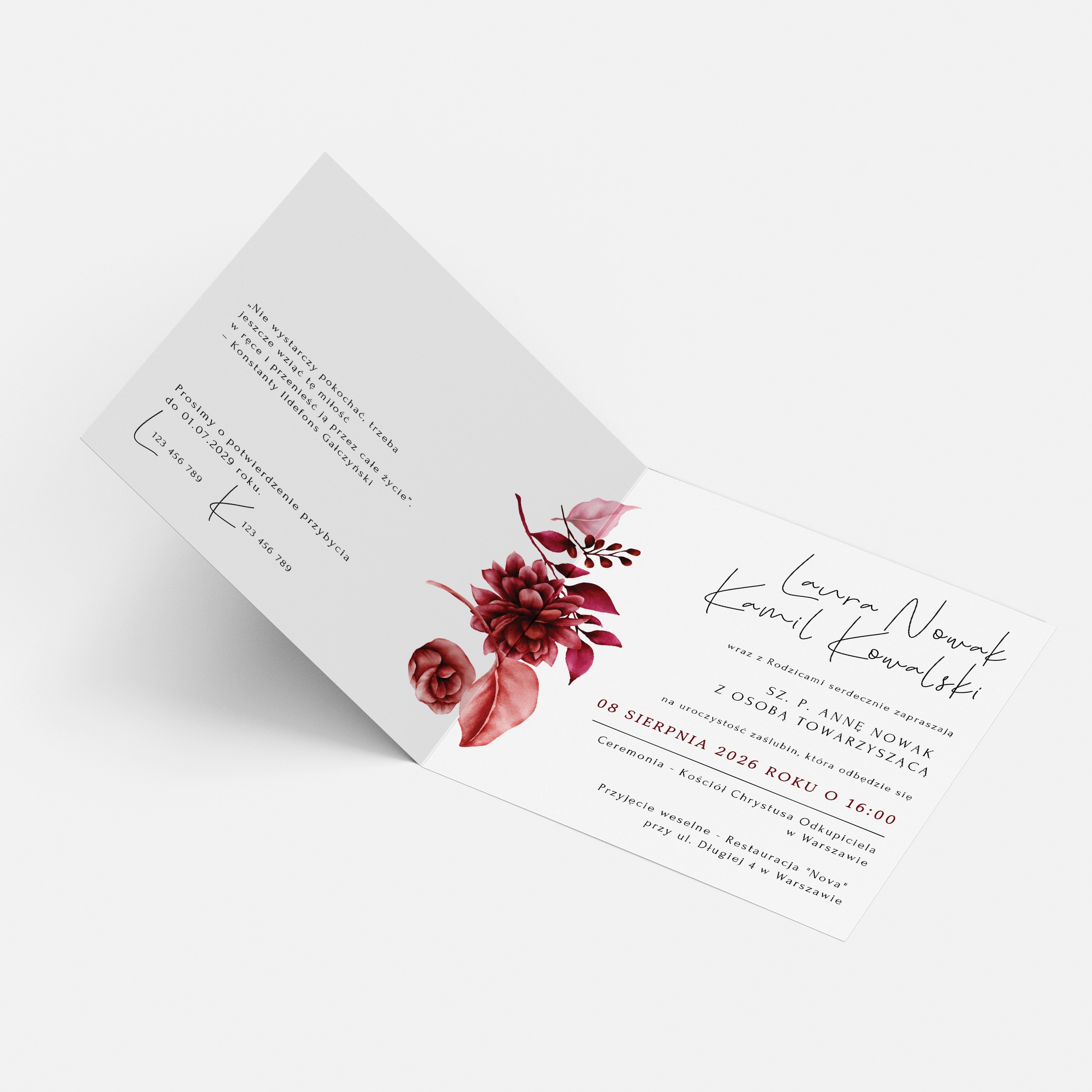 ZAPROSZENIE ŚLUBNE Z BORDOWYMI KWIATAMI - PZ12 - obrazek 3