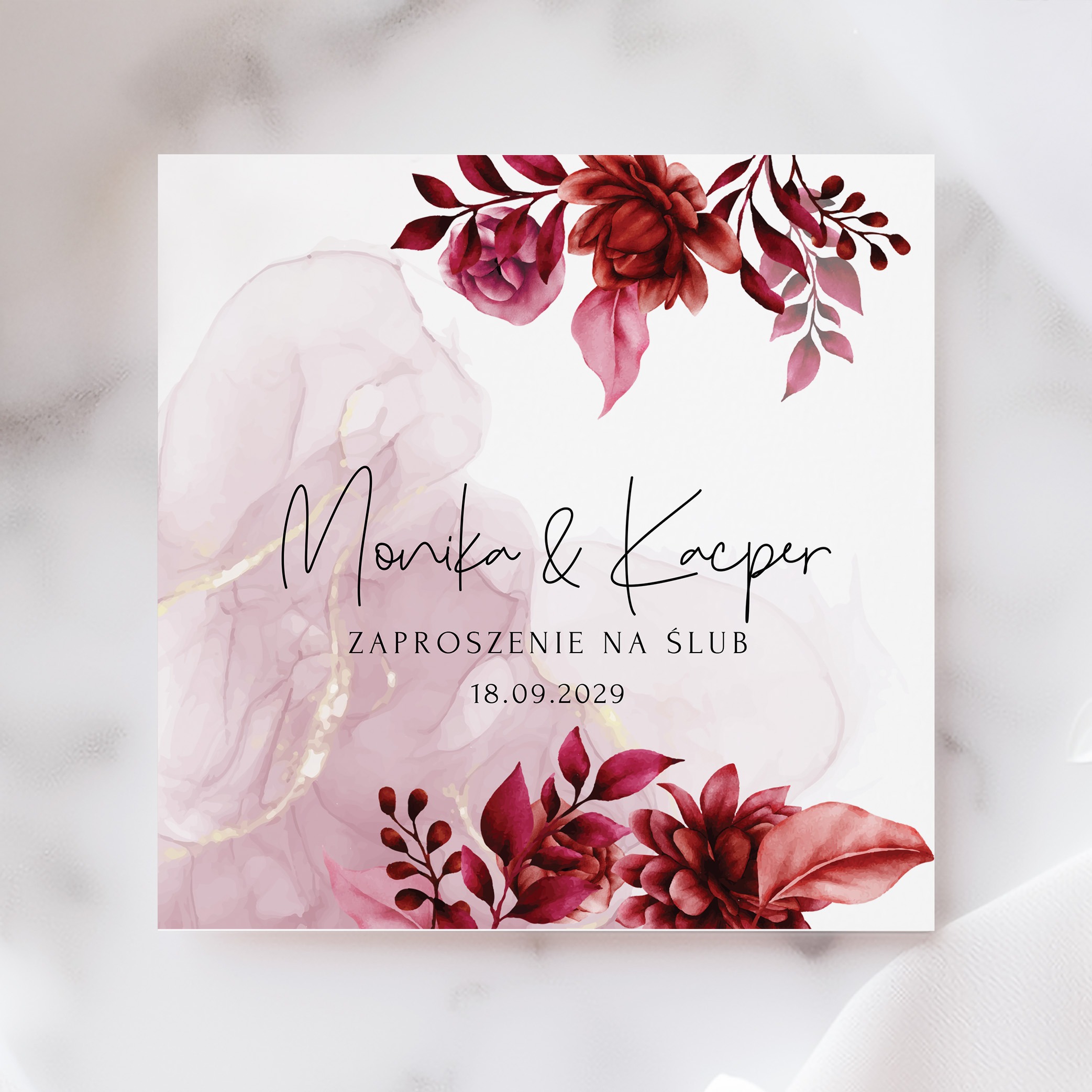 ZAPROSZENIE ŚLUBNE Z BORDOWYMI KWIATAMI - PZ13