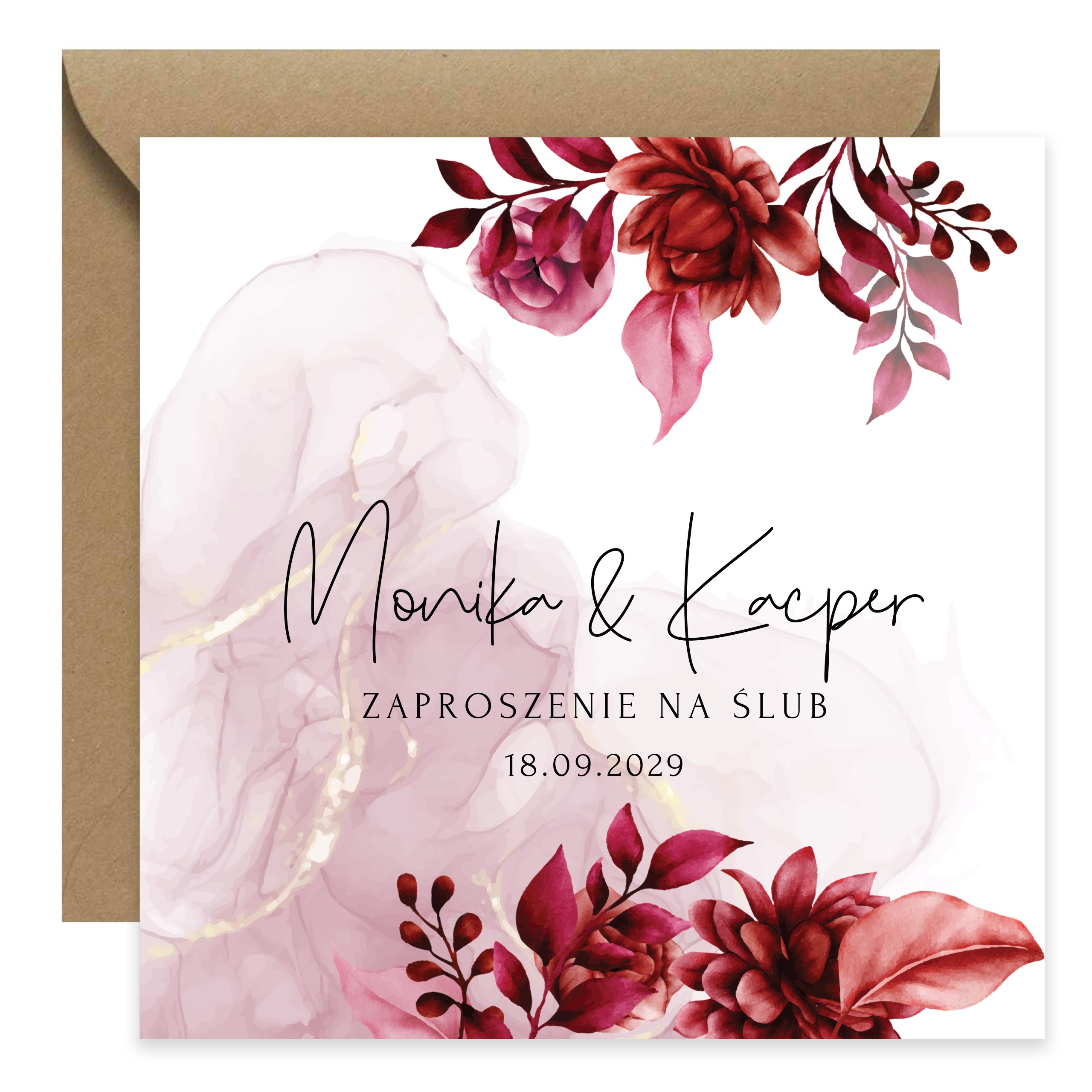 ZAPROSZENIE ŚLUBNE Z BORDOWYMI KWIATAMI - PZ13 - obrazek 2