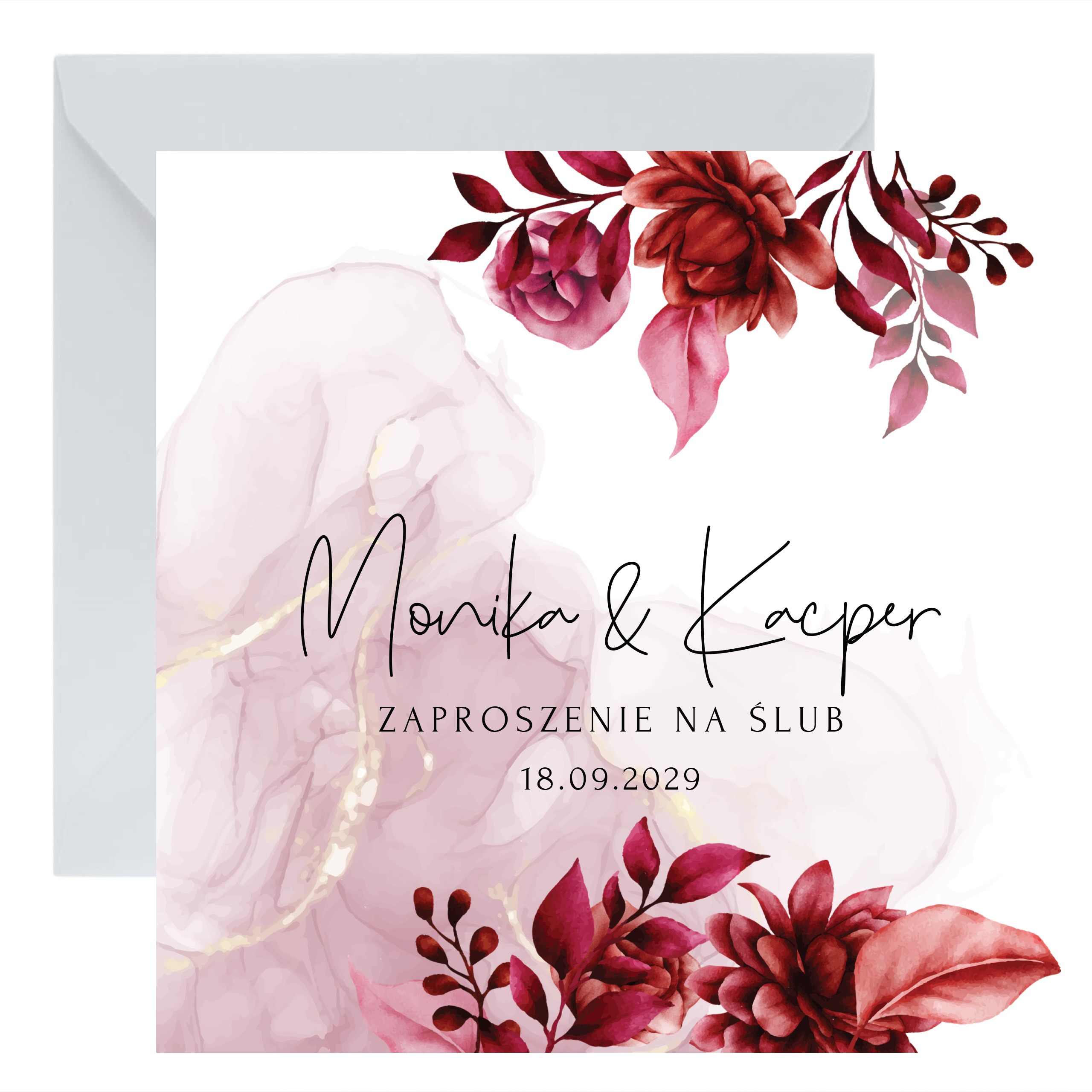 ZAPROSZENIE ŚLUBNE Z BORDOWYMI KWIATAMI - PZ13 - obrazek 3