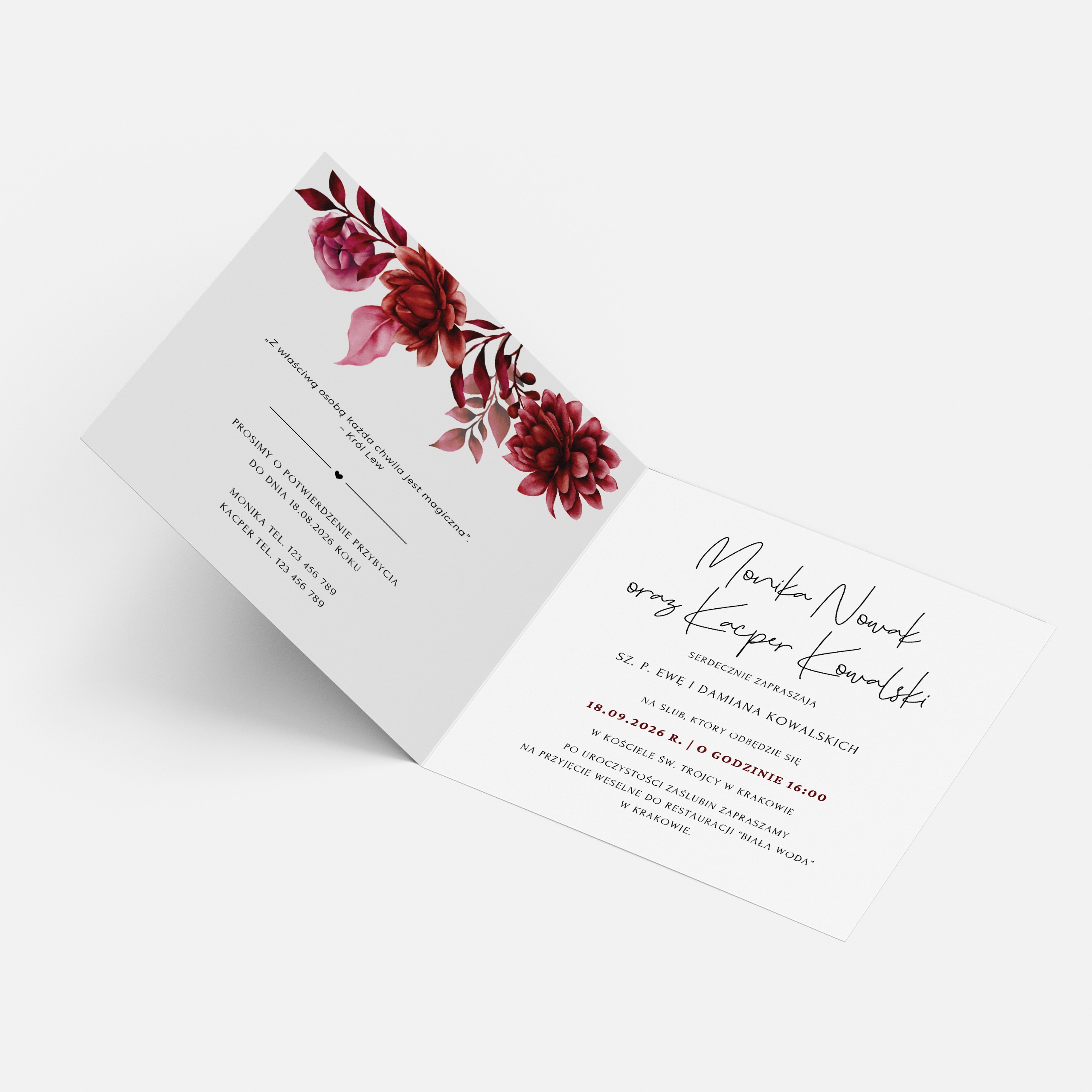 ZAPROSZENIE ŚLUBNE Z BORDOWYMI KWIATAMI - PZ13 - obrazek 4