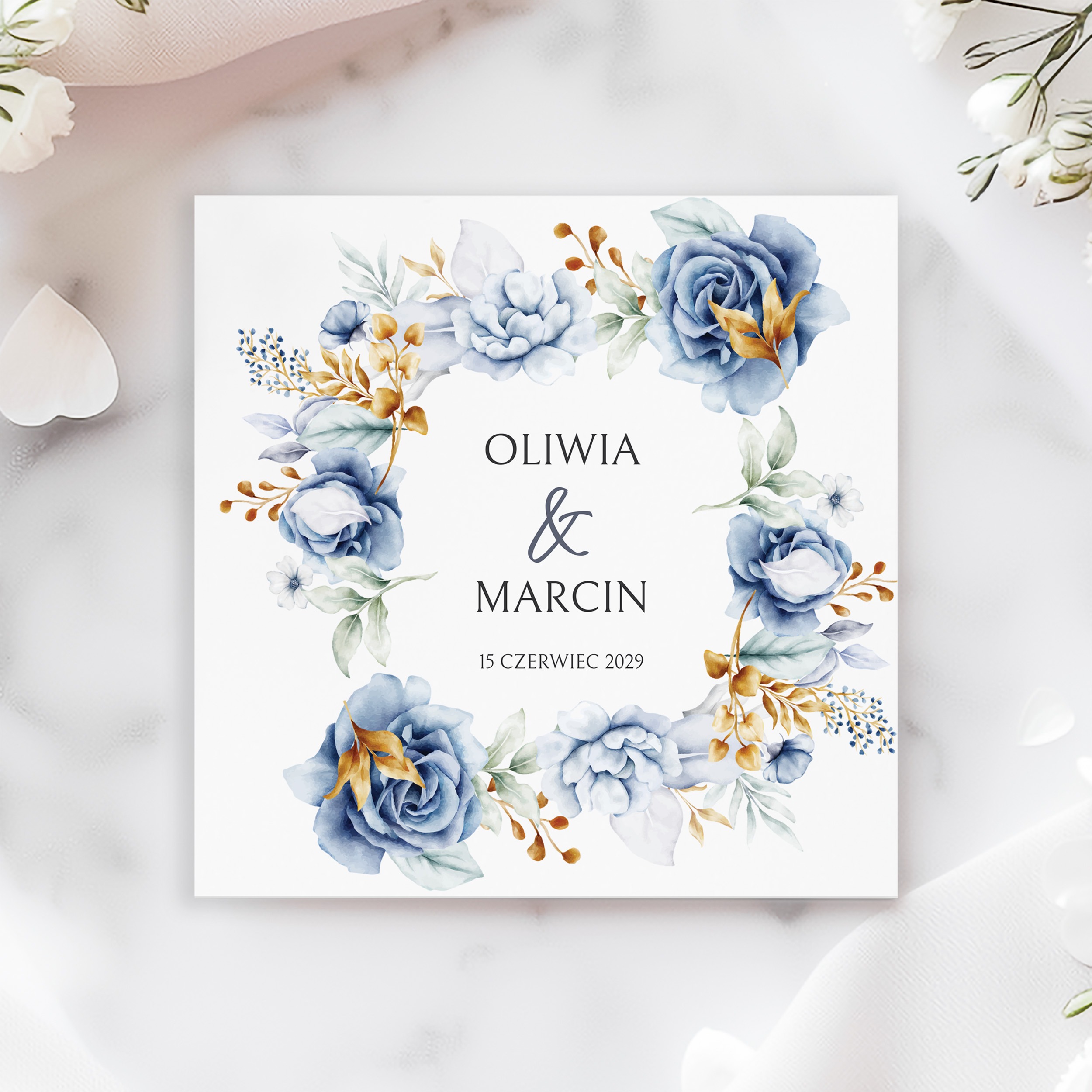 ZAPROSZENIE ŚLUBNE Z NIEBIESKIMI KWIATAMI - PZ16