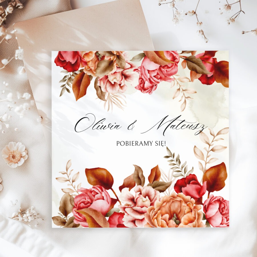 ZAPROSZENIE ŚLUBNE Z BORDOWYMI KWIATAMI - PZ14