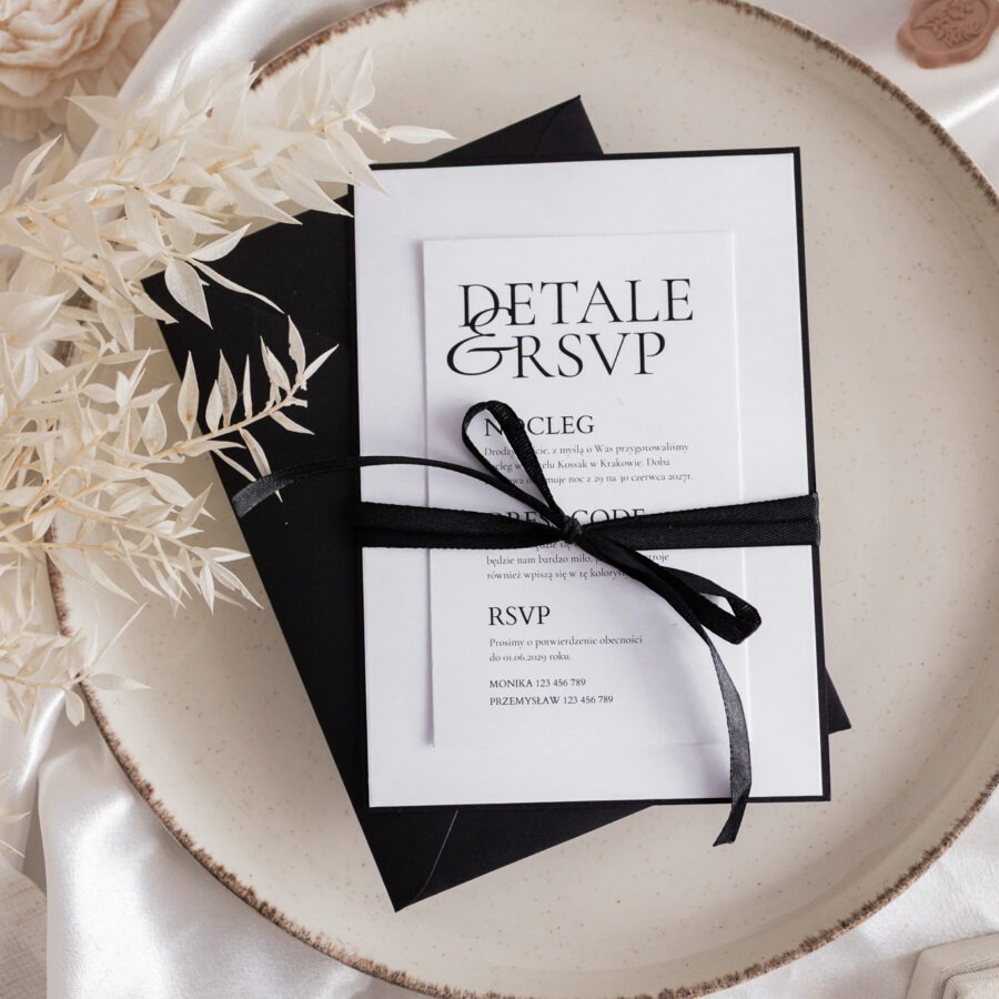 ZAPROSZENIE ŚLUBNE NA CZARNEJ WKŁADCE Z CZARNĄ WSTĄŻKĄ